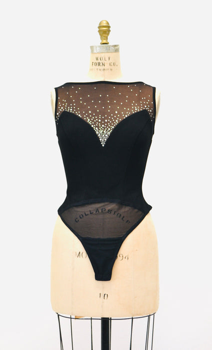90s Black Sheer Body Suit Cache Size Medium // Black Body Suit Sheer Mesh Thong Body Suit Size Small Medium Long sleeve Mock Neck Body Suit