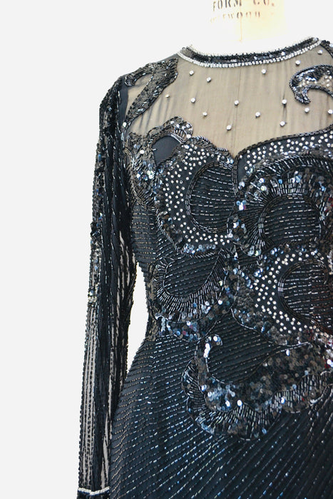 80s 90s GLAM Vintage Black Beaded Sequin Party Cocktail Dress Small Medium by Nighline Black Silk Long Sleeve Party Pageant Sequin Dress