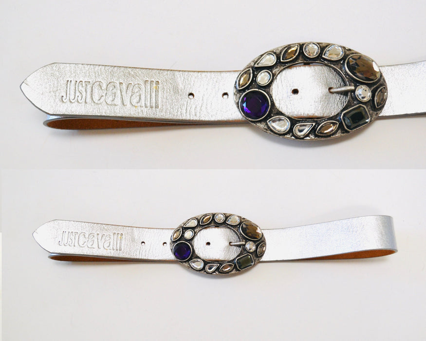 Y2K 2000s Just Cavalli Silver Leather Belt Rhinestone Crystal Belt Buckle Silver Leather Studded Belt Buckle 33-37" Roberto Cavalli Belt