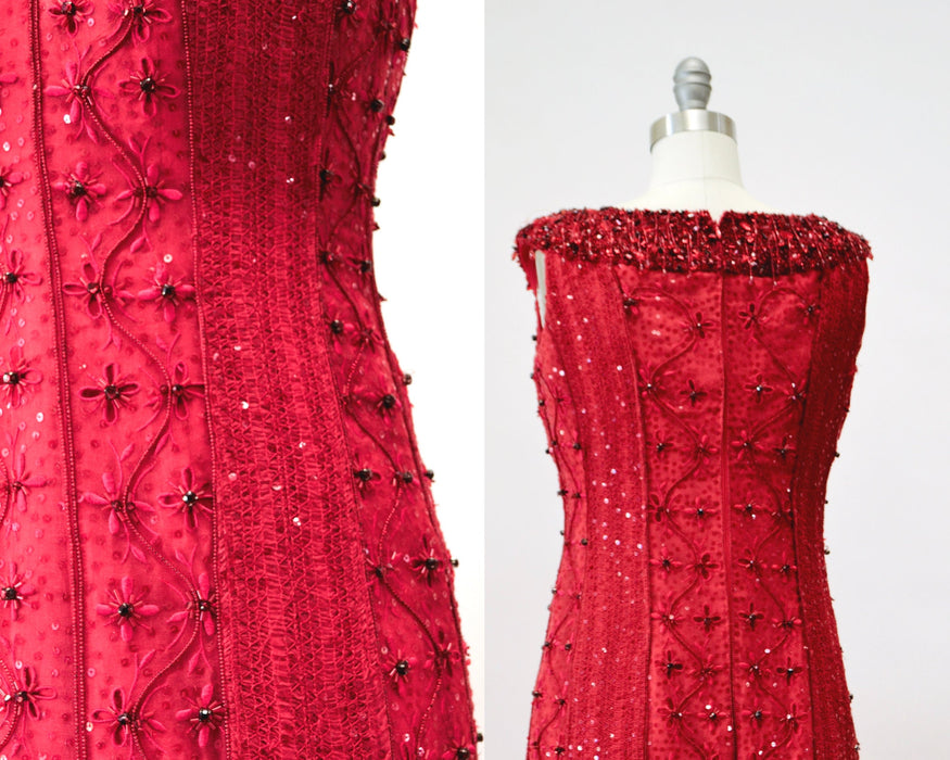 Vintage Red Sequin Beaded Dress Evening Gown dress Escada XS Small// Vintage Couture Red Rhinestone Black Tie Ball Gown Silk Dress Escada XS