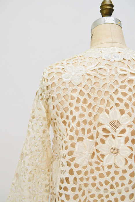 Vintage Cream Off White Cotton Eyelet lace Jacket Duster Cream Lace Jacket Beach Cover up Small Medium Lace Beach Wedding Jacket Rustans
