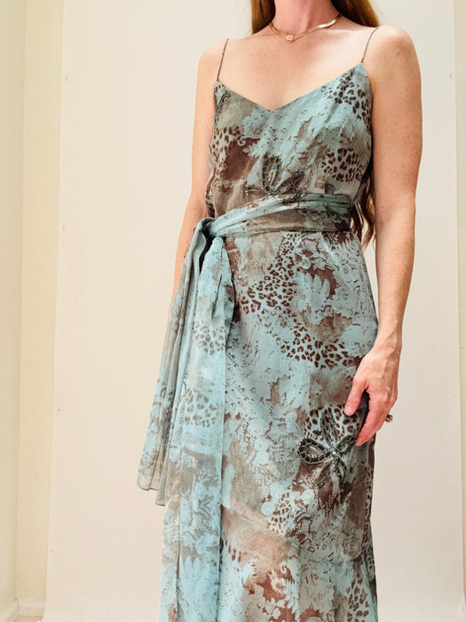 Vintage 00s Y2K Slip Tank Dress Dress Bob Mackie Animal Print Chiffon Dress Medium Summer Wedding Party Slip Dress Blue Brown Beach Dress