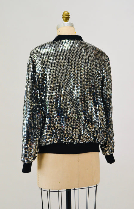 Vintage 80s 90s Silver Sequin Party Bomber Jacket Metallic Jacket Medium large// Vintage 80s 90s Party Metallic Silver Gold Sequin Jacket