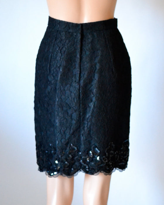 Vintage Black Lace Skirt with Sequins size Small // Balck Sequin Skirt Size Small by Lillie Rubin