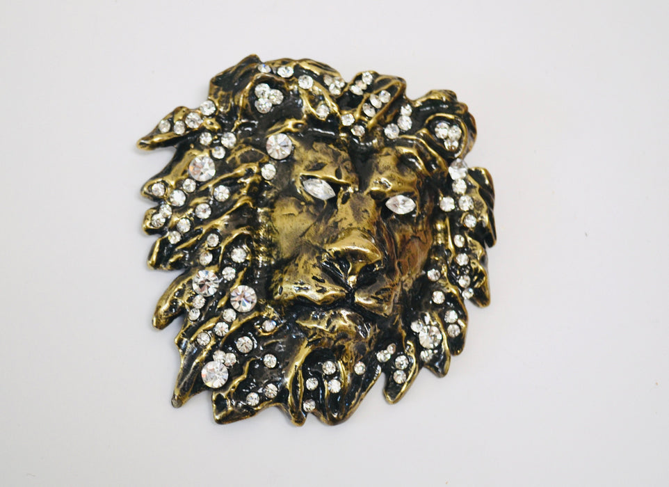 90s Vintage Katherine Baumann Beverly Hills Brass Swarovski Crystal Lion Belt Buckle Metallic Rhinestone Belt Buckle Large Cat LION Metallic