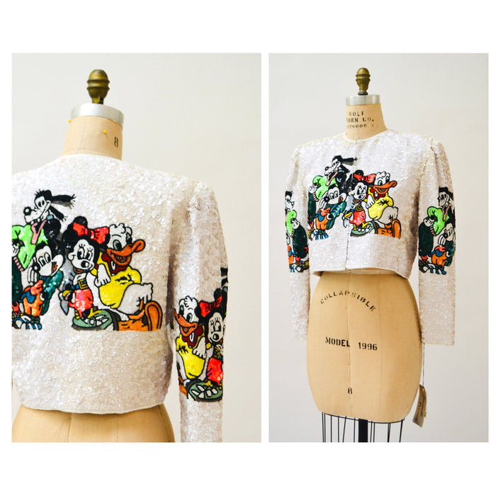 Vintage Jeanette Kastenberg Platinum Beaded Jacket Disney Mickey Minnie Mouse Donald Duck Beaded Bolero Jacket Comic Cartoon Medium Large