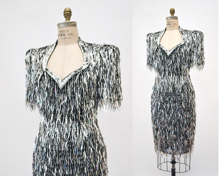 80s 90s Vintage Silver Beaded Fringe Dress Vintage Gold Metallic Dress Small Medium// Beaded Fringe Dress Flapper Cher Dress 80s Glam