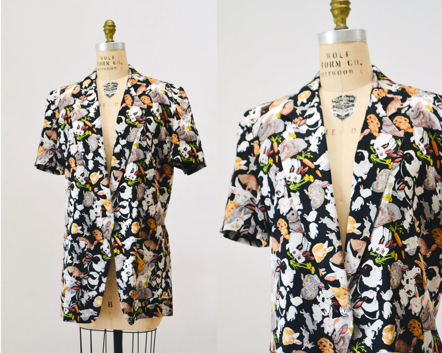 90s Vintage Bunny Jacket Nicole Miller Silk Jacket Large XL with Bunny Rabbits// Vintage Animal Print Silk Jacket Blazer Easter Bunny Jacket