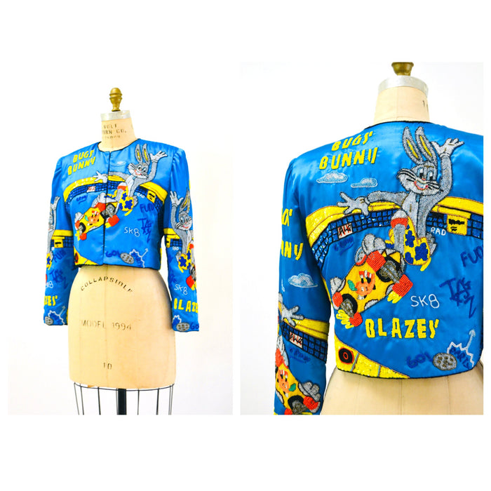 90s Vintage Jeanette Kastenberg Sequin Beaded Jacket Looney Tunes Bugs Bunny Skater Taz Cartoon Beaded Jacket Small Medium Blue Yellow