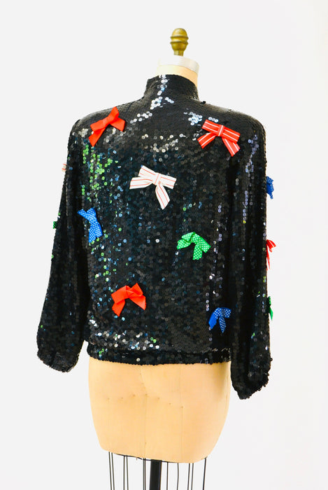 Vintage Black Sequin Jacket With Bows Ribbons 80s 90s Pop art Sequin Jacket Red Blue White Green Metallic Sequin Jacket Medium