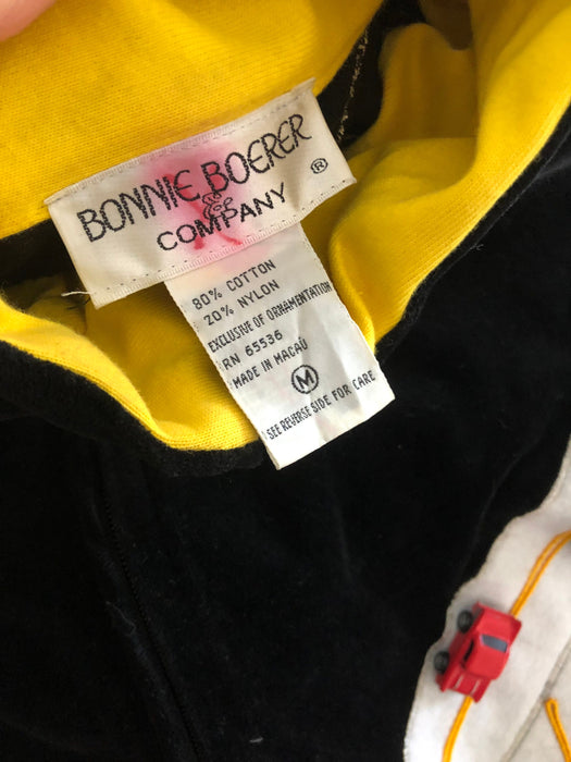 80s 90s Vintage Jacket by Bonnie Boerer Black Bomber Race Track Toy Cars// Vintage Black Jacket with Race Cars Indy 500 Grand Prix Toy Cars