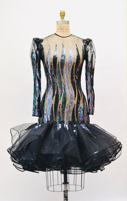 Vintage 80s Black Sheer Sequin Dress by Victor Costa Small// 80s Black Metallic Sequin Prom Party Dynasty Dress Long Sleeve Ruffle Skirt