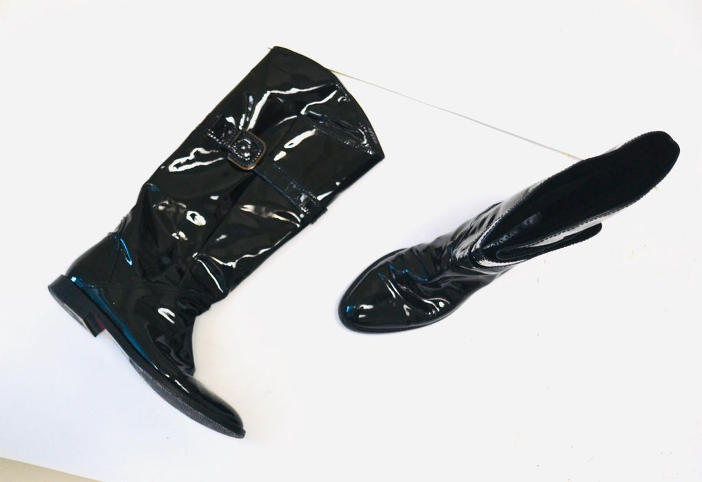 90s 2000s Black Patent Leather Knee High Boots 39 8 8 1/2 Sergio Rossi Made in Italy// Vintage Black Patent leather Knee High Flat boots