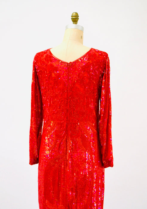 90s Vintage Red Sequin Beaded Dress Evening Gown Medium Large// 80s 90s Glam Red Sequin Long Sleeve Dress Beauty Pageant Showgirl Gown