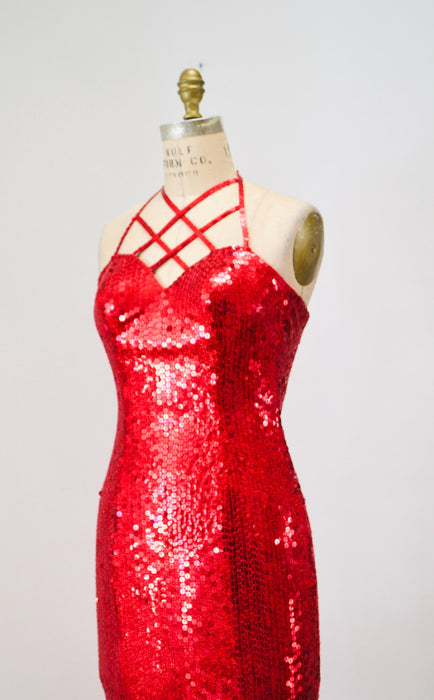 90s Vintage Red Sequin Party Dress Small// Vintage Red Sequin Prom Party Evening Gown Dress Small Pageant Jessica Rabbit Party Dress