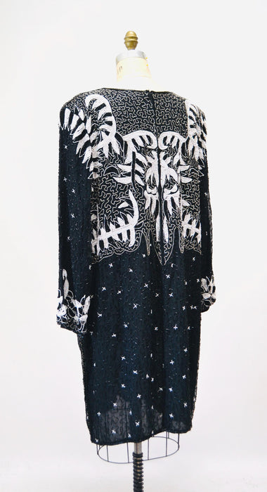 80s GLAM Vintage Black White Sequin Party Dress XL X Large// Vintage Black Sequin Dress Flapper Disco 3X Plus Size Vintage Beaded dress