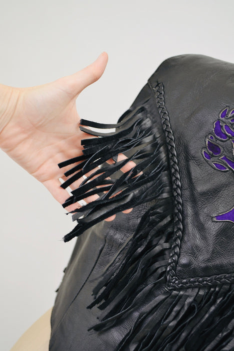 80s 90s Vintage Black Leather Fringe Vest Large PUprle Rose Fringe leather Vest Cowboy Cowgirl Rodeo Biker Festival Vest Large XL