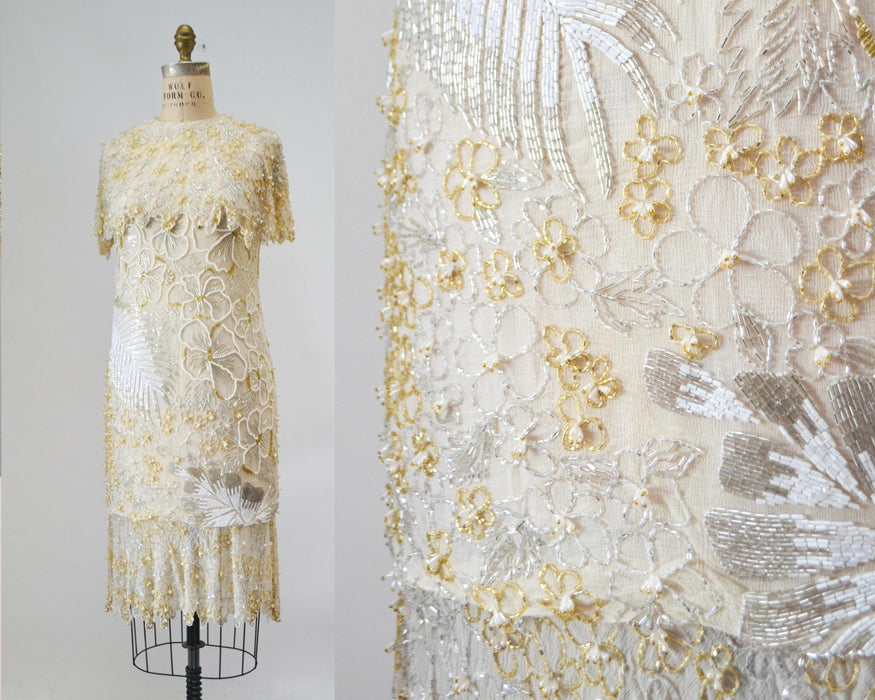80s 90s Vintage White Beaded Party Dress Dress Small // Vintage Cocktail Wedding Dress White Beaded Flapper White Beaded Party Dress