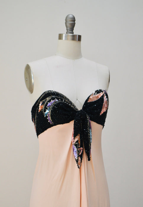 80s 90s Vintage Silk Sequin Gown Dress XXS XS By Bob Mackie Silk// Vintage Wedding Silk Pink Peach Black Gown Sequin Strapless Silk Dress