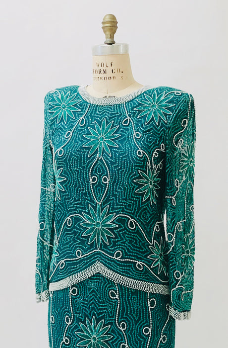 80s 90s Vintage Sequin Top Skirt Dress Set Beaded Skirt Top Dress Medium Blue Green Teal  80s 90s Party Dynasty Flapper Costume