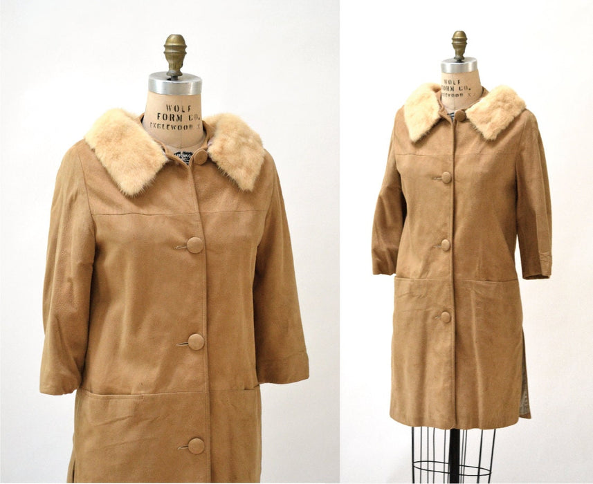 60s Vintage Suede Leather Jacket Coat Fur Collar Small Tan Camel Brown Leather Jacket // Vintage Leather Jacket Tan Brown Medium Mink Fur
