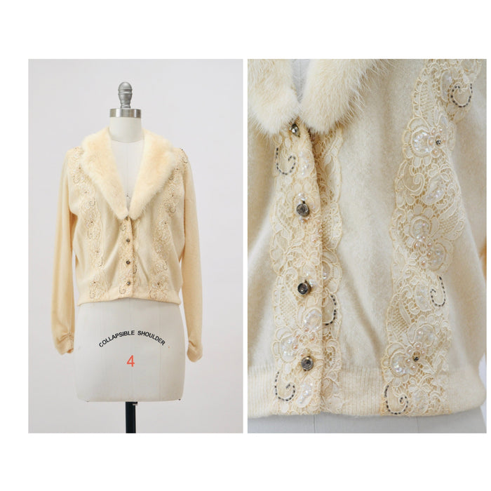 50s Vintage Cream Mink Fur Collar Beaded Cardigan Sweater Rhinestone Buttons Small Medium Vintage Wedding Fur Collared Cashmere Cardigan