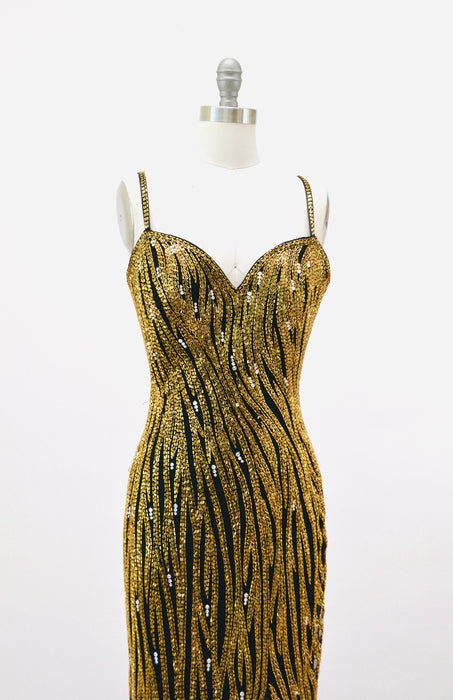 80s 90s Vintage Beaded Sequin Gown Dress By Bob Mackie Gold Black Tiger Stripe Long Sleeve Sequin Gown BoB Mackie Cher Sequin Dress Small