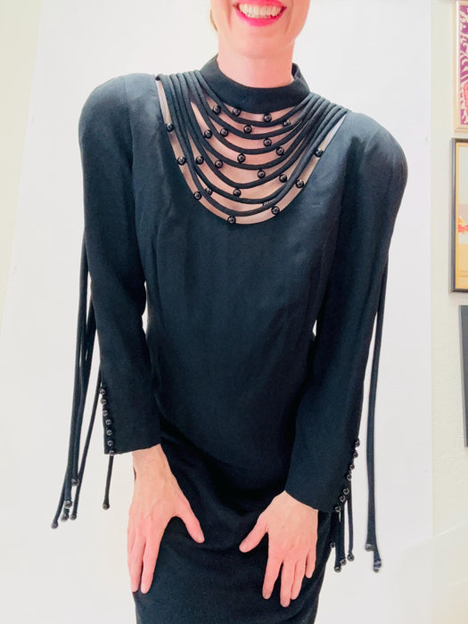 80s Louis Feraud Vintage Black Fringe Dress Black Designer Cocktail Long Sleeve Dress Medium Large// 90s Black Party Little Black Dress
