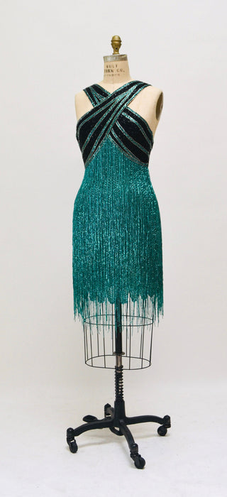 80s Vintage Bob Mackie Blue Green Beaded Fringe Dress Vintage Green Metallic Dress Small // Beaded Fringe Dress Flapper Inspired Cher Dress