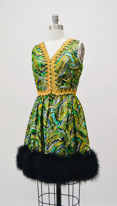60s 70s Vintage Metallic Green Party Cocktail Dress XXS XS Green Blue Gold Dress with Marabou Feathers 60s Disco Party Dress Green Metallic