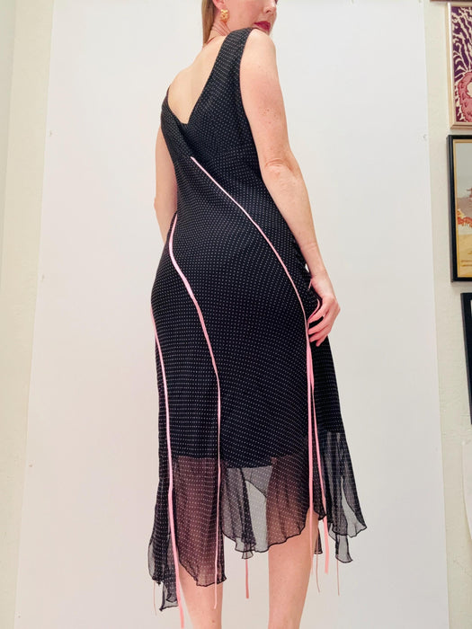 Vintage 00s Y2K Bias Cut Silk Dress Black Pink Dress polka dot Chiffon Tank Dress Medium Large// 90s Black Tank Slip Party Dress Medium