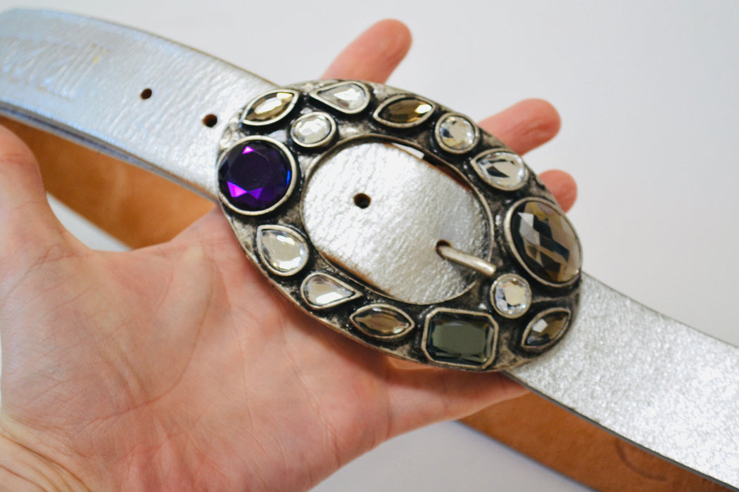 Y2K 2000s Just Cavalli Silver Leather Belt Rhinestone Crystal Belt Buckle Silver Leather Studded Belt Buckle 33-37" Roberto Cavalli Belt