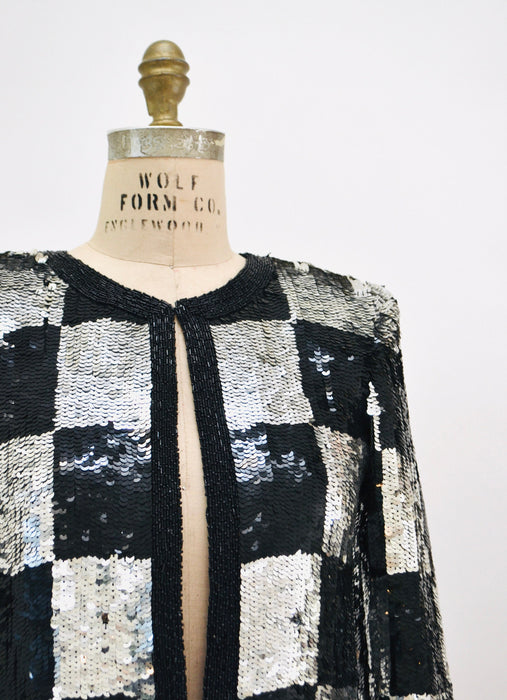 Vintage Sequin Jacket Black Silver Metallic Checker Plaid Small Medium// Vintage Sequin Jacket Blazer Silver Black Checkered Sequin Glam
