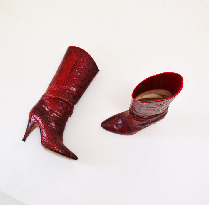 80s Vintage Red Snake Skin Embossed Leather High Heel Boots 6  Leather High Heel Black Boots Pointed Toe Boots Made in Italy