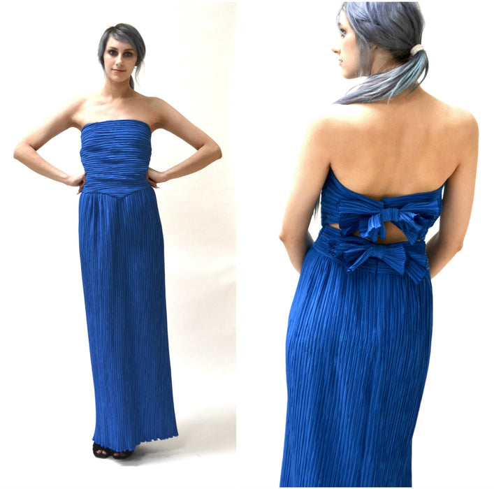 70s Vintage Blue Strapless Evening Gown Dress Small XS Cobalt Blue Chishom Halle Mary McFadden// 70s Vintage Blue Long strapless Dress XS