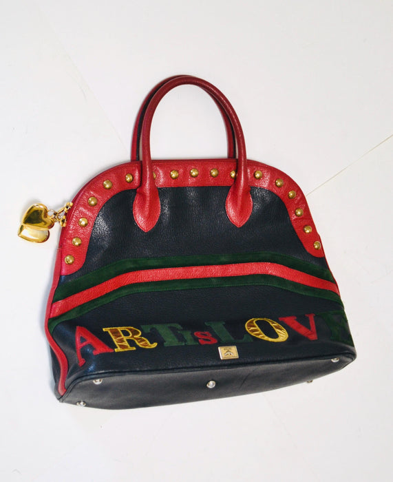 90s Vintage Moschino Bag Tote Black Leather Red Heart Moschino Purse Bag Black Leather 90s Love heart ART IS LOVE Studded Leather Bag