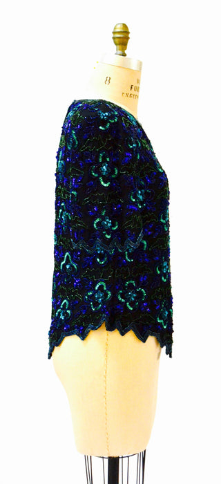 Vintage Black Sequin Shirt top Large XL Black blue beaded shirt // 80s Vintage Metallic Sequin Top Black Art Deco Flapper Laurence Kazar