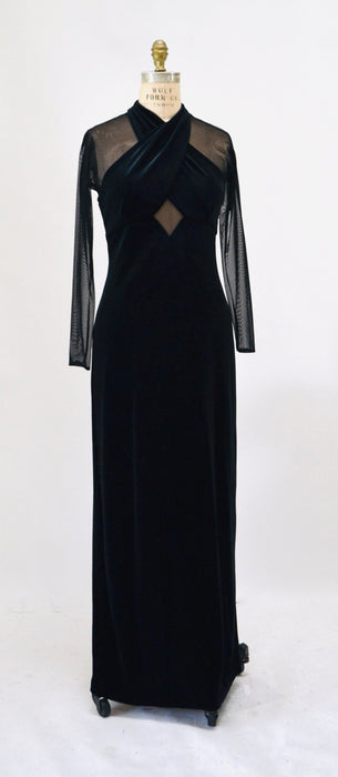 90s Vintage Black Velvet Prom Dress Illusion Dress Medium// Black Body Con 90s Prom Dress Bondage Dress Medium Sheer Sleeve long Black Dress
