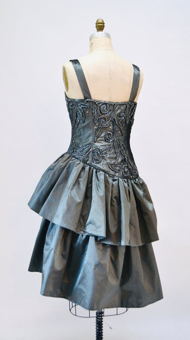 80s 90s Vintage Gray Silk Party Dress And Ruffle Jacket Beaded Rhinestone 90s Cocktail Dress Jacket Small Medium By Mary Jane Denzer