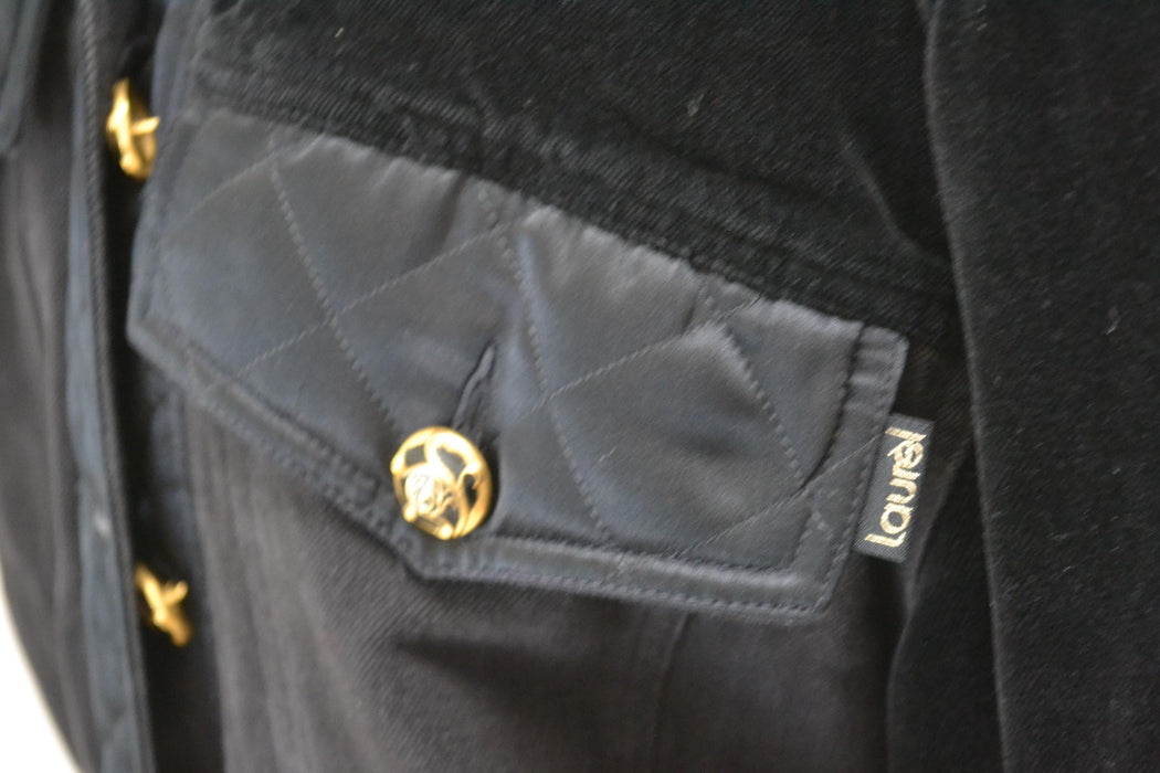 Vintage 80s 90s Black Gold Denim Jacket Quilted Black Jacket By  Laurel Medium Large// Vintage Black Gold Denim Satin Jacket Made in Italy