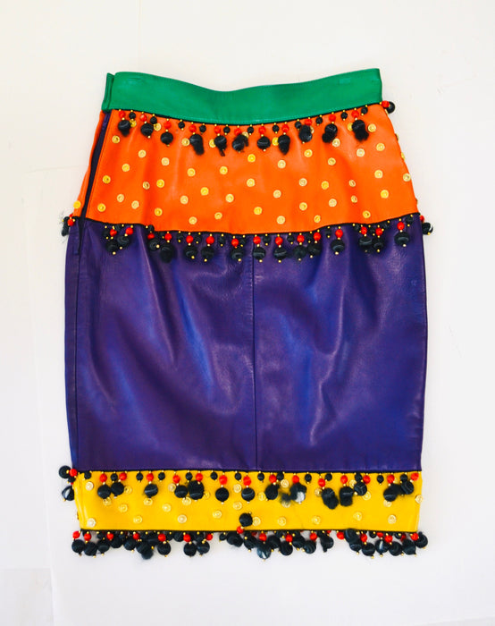 vintage 90s Moschino Rainbow Leather SKIRT 1991 Spring Summer Moschino Studded Flower Leather Skirt Red Blue Green Yellow Made in ITaly