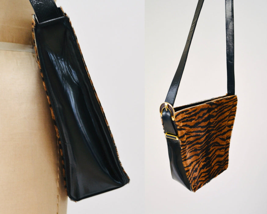 90s Vintage Tiger Stripe Pony Hair Leather Purse Black brown Zebra Stripe Leather Handbag Charles Jourdan Medium Purse Made in France