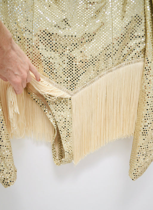 90s Gold Topless Fringe Bodysuit for Burlesque Drag queen thong Vintage Gold Metallic Party festival Fringe Bodysuit Showgirl Costume Large