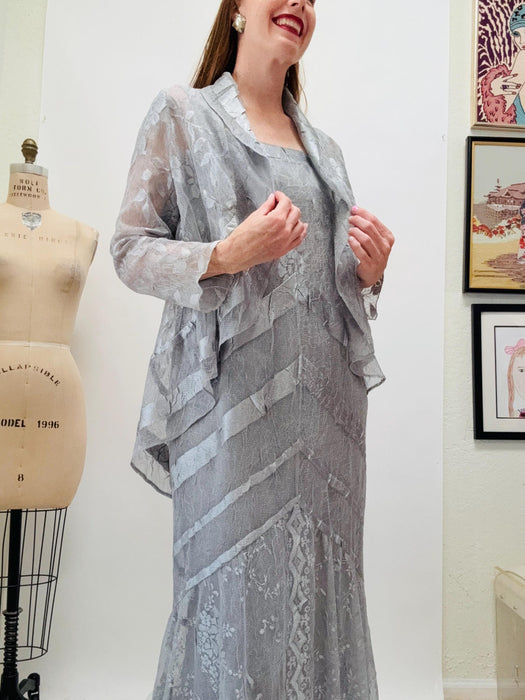 90s Vintage Gray Lace Sleeveless Dress and Jacket Wedding Reception Metallic Silver Gray Casual Lace Dress and Jacket Small Medium Damianou