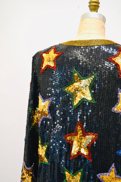 80s 90s Vintage Star Sequin Beaded Jacket Black Gold Metallic Star Sequin Jacket Medium// 80s 90s Glam Vintage Party Sequin Jacket Stars