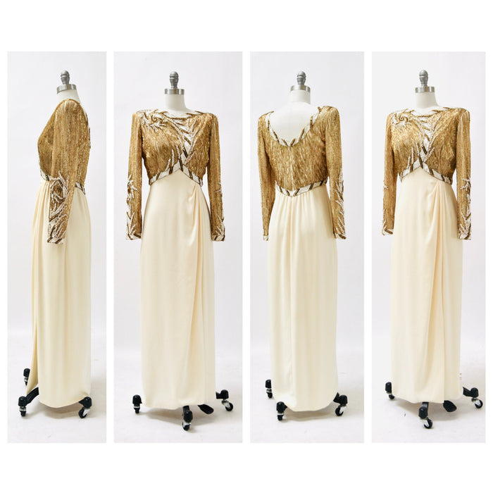 80s 90s Vintage BOB MACKIE White Cream Beaded Gold Sequin Gown Dress Size Small// Vintage Wedding Gown Beaded Long Sleeve Pageant Dress