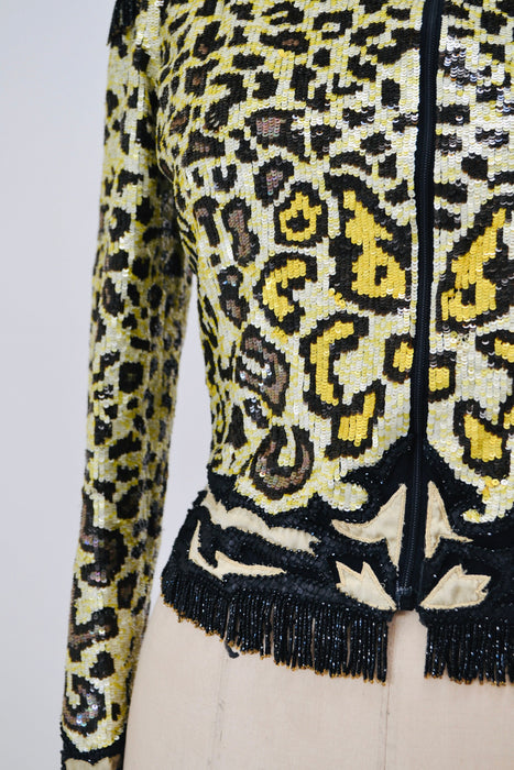 80s Vintage Valentino Sequin Jacket Leopard Cheetah Animal Pattern Beaded Fringe// Vintage Valentino Sequin Beaded Jacket Small Medium