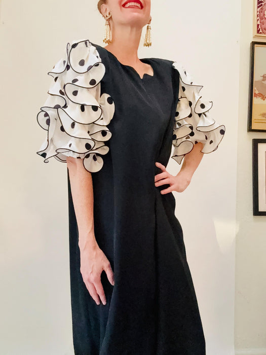 80s 90s Victor Costa Hostess Dress With Polka Dot Ruffle Sleeves// Vintage  Black Maxi Long House Dress Black White Polka Dot Medium Large