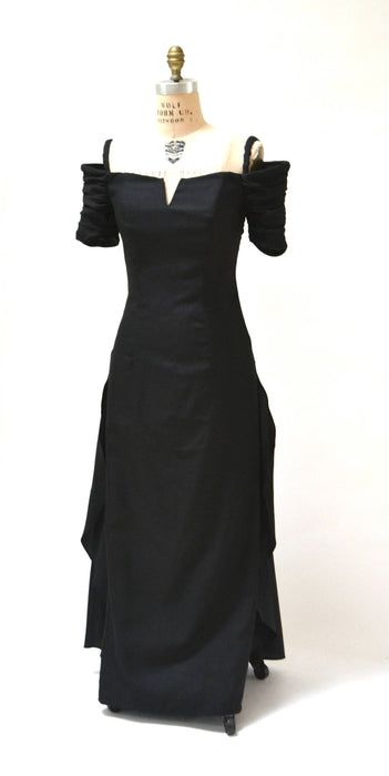 90s Vintage Prom Bridesmaid Dress Black Medium Large Long Off the Shoulders Black Evening Gown