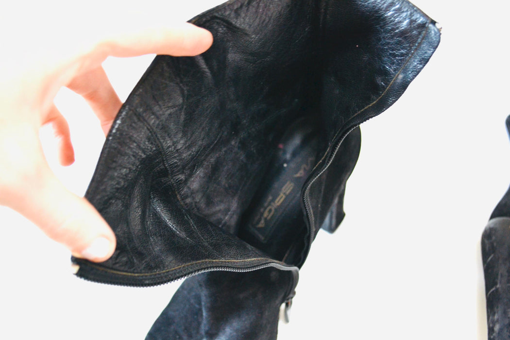 2000s y2k Black Suede High heel Leather Boots Square Toe Size 9 10 N High Heel Booties// Vintage 9 10 N Boots leather booties Via Spiga